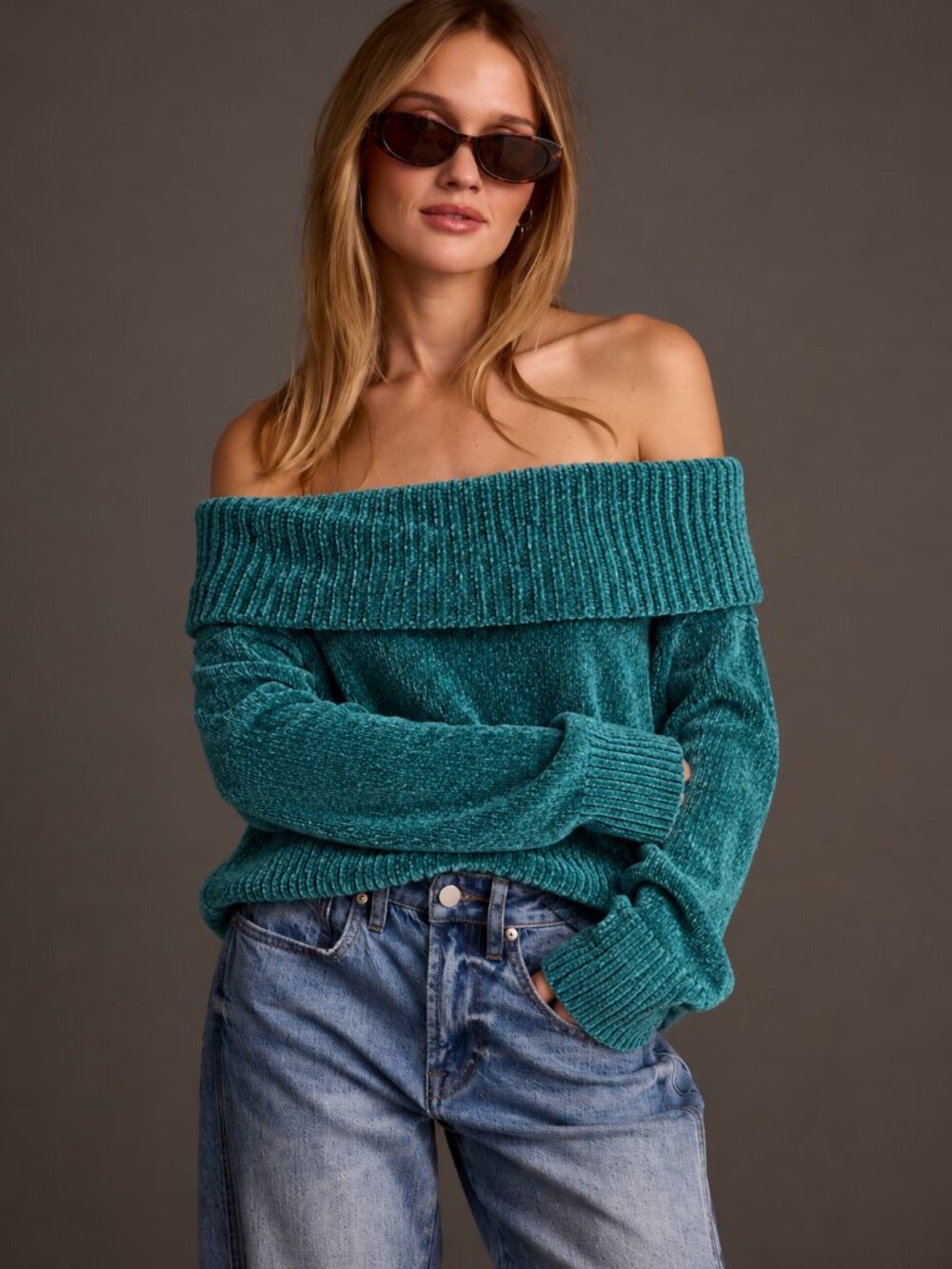 WHBM Classic Teal Off-the-Shoulder Chenille Knit Sweater Size L